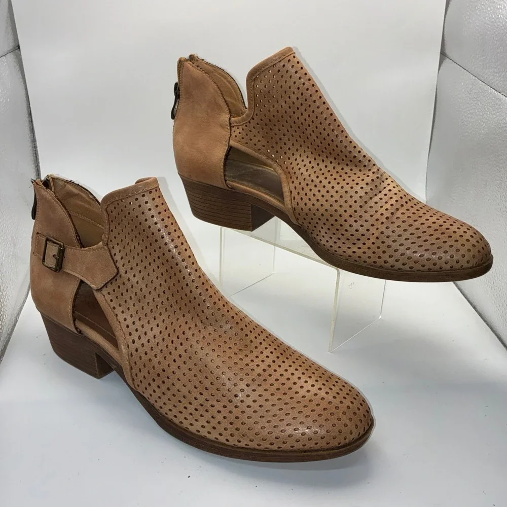 Tan Perforated Leather‎ Cut Out Ankle Booties with Buckle and Back Zip Size 8.5